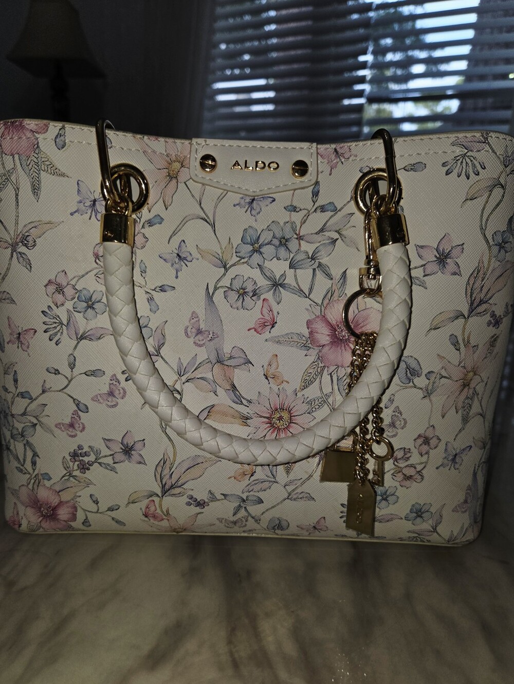 ALDO Floral Butterfly Satchel Tote Bag Cream Gold Hardware Braided Handles